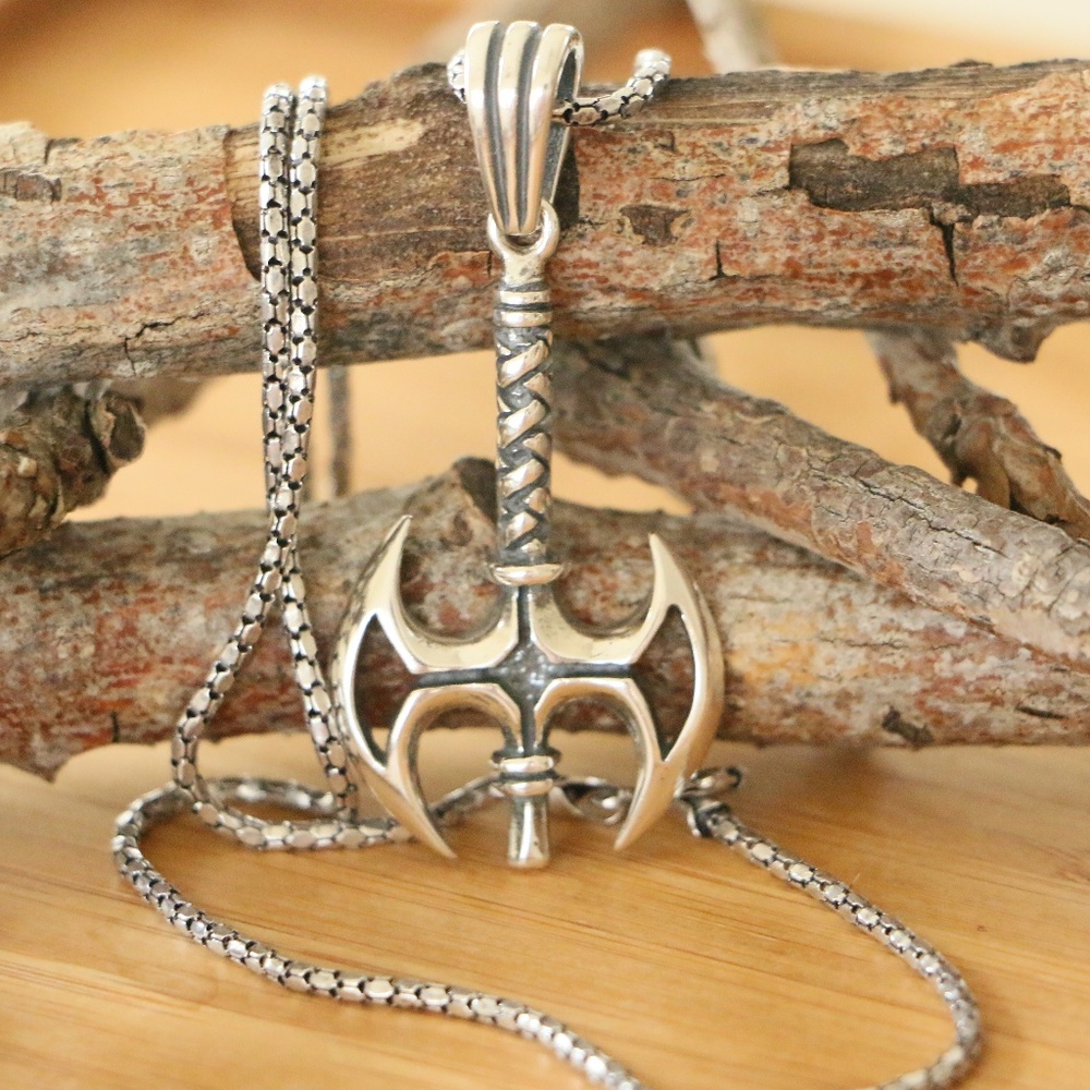 925 Sterling Silver Decorated Axe Men's Necklace